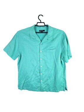 Mens Cremeux Classics Green Silk Linen Short Sleeve Button-Up Shirt Size XL